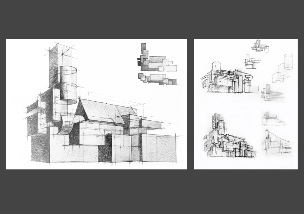 рисунок фрагмента интерьера объемная архитектурная композиция